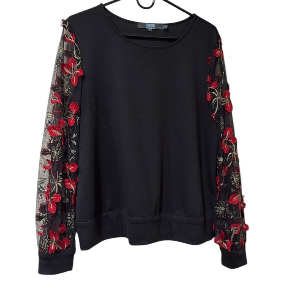 Eva Franco large black top with red, black & gold appliqué sheer long sleeves.